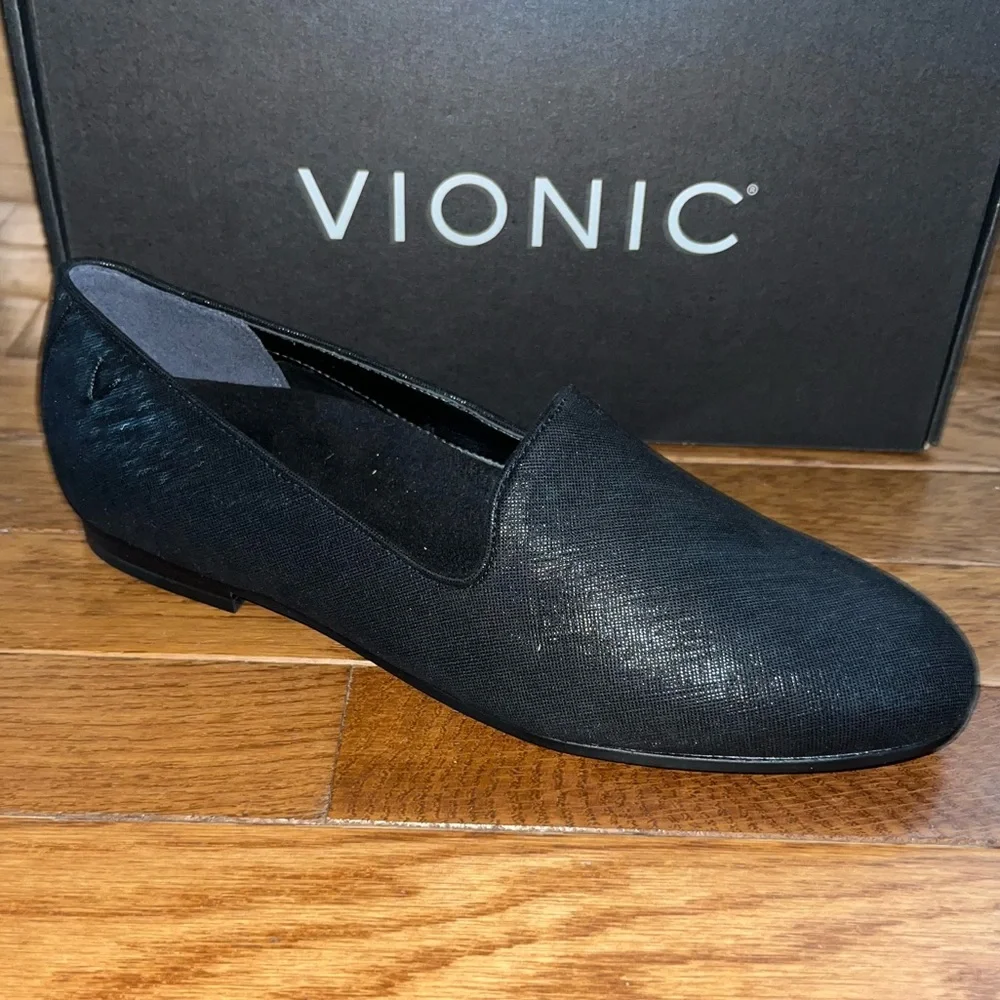 Vionic Willa Shimmer Suede Comfort Loafers Black With Metallic Women’s Size 7